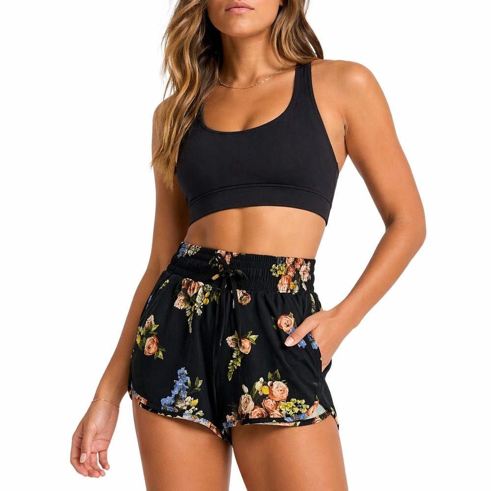 Albion Fit Floral‎ Active Gym Shorts Black High Waisted Smocked Waist XS Womens